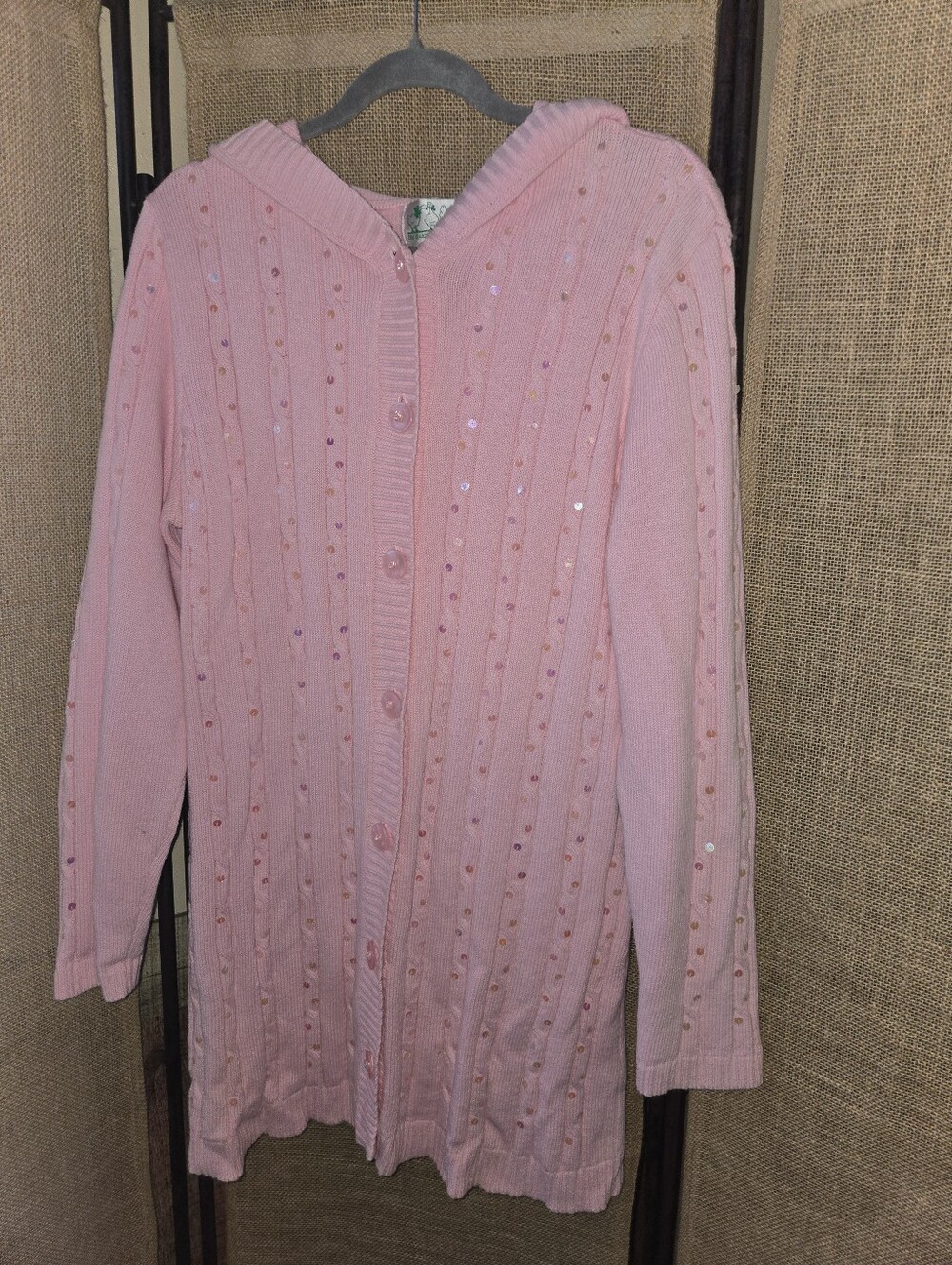 Quacker Factory Pink Sequin-Embellished Hooded Cardigan Sweater Medium